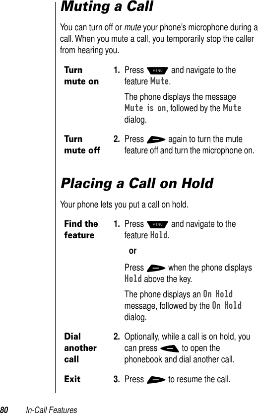 80 In-Call FeaturesMuting a CallYou can turn off or mute your phone’s microphone during a call. When you mute a call, you temporarily stop the caller from hearing you.Placing a Call on HoldYour phone lets you put a call on hold.Turn mute on1. Press M and navigate to the feature Mute.The phone displays the message Mute is on, followed by the Mute dialog.Turn mute off2. Press + again to turn the mute feature off and turn the microphone on. Find the feature1. Press M and navigate to the feature Hold.orPress + when the phone displays Hold above the key.The phone displays an On Hold message, followed by the On Hold dialog.Dial another call2. Optionally, while a call is on hold, you can press - to open the phonebook and dial another call.Exit3. Press + to resume the call.