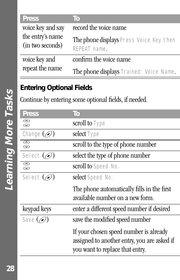 Learning More Tasks 28Entering Optional FieldsContinue by entering some optional ﬁelds, if needed. voice key and say the entry’s name (in two seconds)record the voice nameThe phone displays Press Voice Key then REPEAT name. voice key and repeat the nameconﬁrm the voice nameThe phone displays Trained: Voice Name.Press ToS scroll to Type Change (+) select TypeS  scroll to the type of phone numberSelect (+) select the type of phone numberS scroll to Speed No.Select (+) select Speed No.The phone automatically ﬁlls in the ﬁrst available number on a new form.keypad keys enter a different speed number if desiredSave (+) save the modiﬁed speed numberIf your chosen speed number is already assigned to another entry, you are asked if you want to replace that entry.Press To