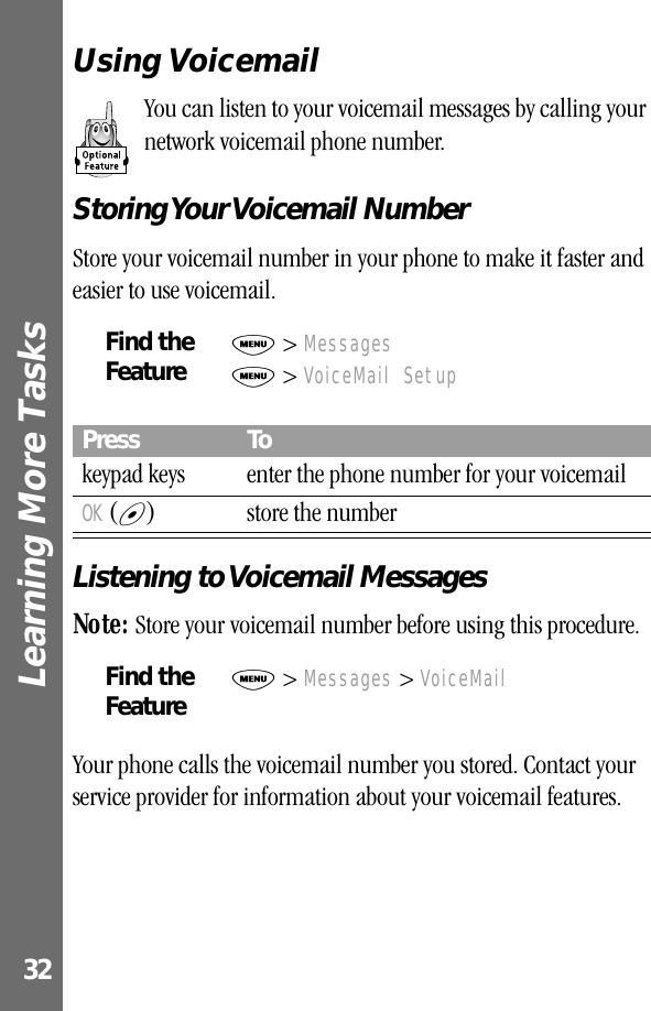 Learning More Tasks 32Using VoicemailYou can listen to your voicemail messages by calling your network voicemail phone number.Storing Your Voicemail  NumberStore your voicemail number in your phone to make it faster and easier to use voicemail.Listening to Voicemail MessagesNote: Store your voicemail number before using this procedure.Your phone calls the voicemail number you stored. Contact your service provider for information about your voicemail features.Find the FeatureM &gt; MessagesM &gt; VoiceMail SetupPress Tokeypad keys enter the phone number for your voicemailOK (+) store the numberFind the FeatureM &gt; Messages &gt; VoiceMail