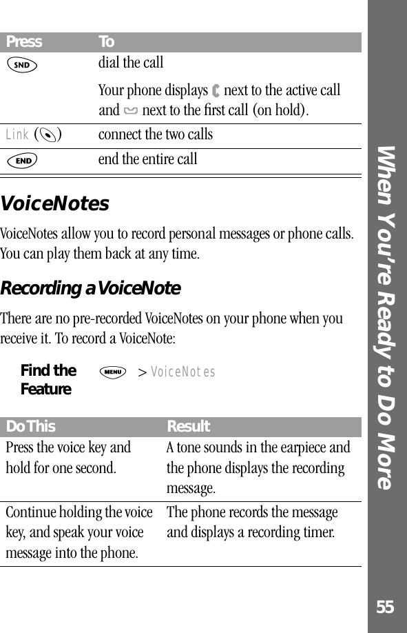 55When You’re Ready to Do More VoiceNotesVoiceNotes allow you to record personal messages or phone calls. You can play them back at any time.Recording a VoiceNoteThere are no pre-recorded VoiceNotes on your phone when you receive it. To record a VoiceNote:N dial the callYour phone displays W next to the active call and l next to the ﬁrst call (on hold).Link (-) connect the two callsO end the entire callFind the FeatureM&gt; VoiceNotesDo This ResultPress the voice key and hold for one second.A tone sounds in the earpiece and the phone displays the recording message.Continue holding the voice key, and speak your voice message into the phone.The phone records the message and displays a recording timer.Press To