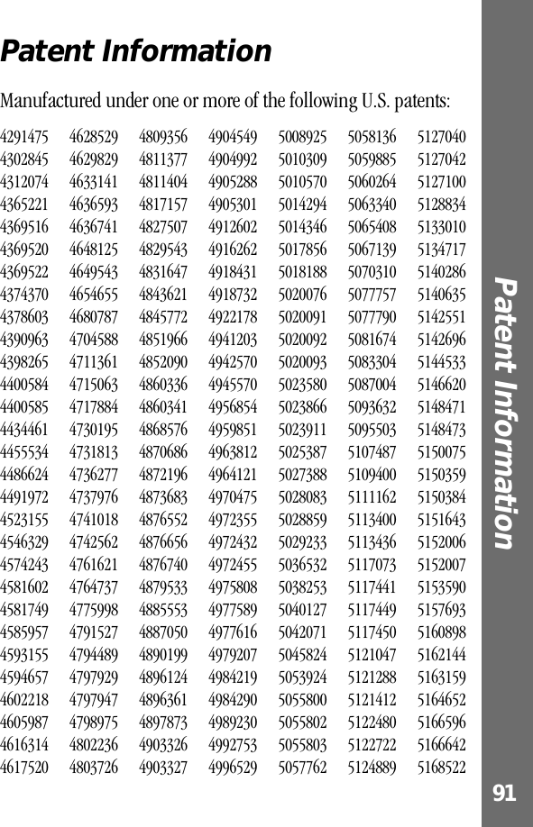 91Patent Information Patent InformationManufactured under one or more of the following U.S. patents:42914754302845431207443652214369516436952043695224374370437860343909634398265440058444005854434461445553444866244491972452315545463294574243458160245817494585957459315545946574602218460598746163144617520462852946298294633141463659346367414648125464954346546554680787470458847113614715063471788447301954731813473627747379764741018474256247616214764737477599847915274794489479792947979474798975480223648037264809356481137748114044817157482750748295434831647484362148457724851966485209048603364860341486857648706864872196487368348765524876656487674048795334885553488705048901994896124489636148978734903326490332749045494904992490528849053014912602491626249184314918732492217849412034942570494557049568544959851496381249641214970475497235549724324972455497580849775894977616497920749842194984290498923049927534996529500892550103095010570501429450143465017856501818850200765020091502009250200935023580502386650239115025387502738850280835028859502923350365325038253504012750420715045824505392450558005055802505580350577625058136505988550602645063340506540850671395070310507775750777905081674508330450870045093632509550351074875109400511116251134005113436511707351174415117449511745051210475121288512141251224805122722512488951270405127042512710051288345133010513471751402865140635514255151426965144533514662051484715148473515007551503595150384515164351520065152007515359051576935160898516214451631595164652516659651666425168522