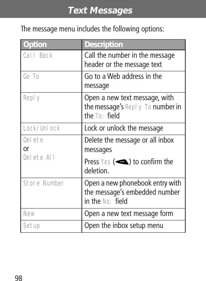 Text Messages98The message menu includes the following options:Option DescriptionCall Back  Call the number in the message header or the message textGo To  Go to a Web address in the messageReply  Open a new text message, with the message’s Reply To number in the To: ﬁeldLock/Unlock  Lock or unlock the messageDeleteorDelete AllDelete the message or all inbox messagesPress Yes (-) to conﬁrm the deletion.Store Number  Open a new phonebook entry with the message’s embedded number in the No. ﬁeldNew  Open a new text message formSetup  Open the inbox setup menu