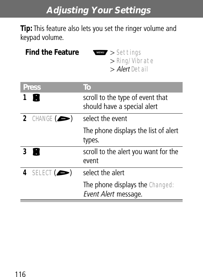 Adjusting Your Settings116Tip: This feature also lets you set the ringer volume and keypad volume.Find the FeatureM&gt; Settings&gt; Ring/Vibrate&gt; Alert DetailPress To1S  scroll to the type of event that should have a special alert2CHANGE (+) select the eventThe phone displays the list of alert types.3S  scroll to the alert you want for the event4SELECT (+) select the alertThe phone displays the Changed: Event Alert message.