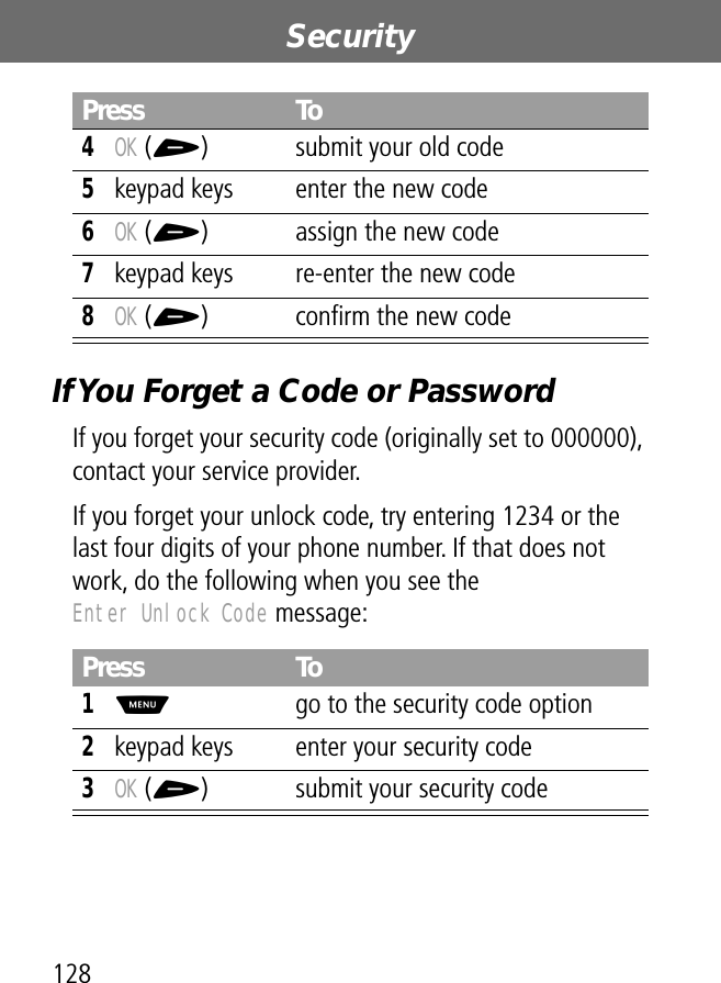 Security128If You Forget a Code or PasswordIf you forget your security code (originally set to 000000), contact your service provider.If you forget your unlock code, try entering 1234 or the last four digits of your phone number. If that does not work, do the following when you see the Enter Unlock Code message:4OK (+) submit your old code5keypad keys enter the new code6OK (+) assign the new code7keypad keys re-enter the new code8OK (+) conﬁrm the new codePress To1M  go to the security code option2keypad keys enter your security code3OK (+) submit your security codePress To