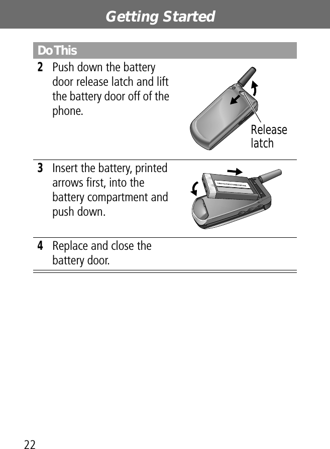 Getting Started222Push down the battery door release latch and lift the battery door off of the phone. 3Insert the battery, printed arrows ﬁrst, into the battery compartment and push down. 4Replace and close the battery door.Do ThisRelease latch