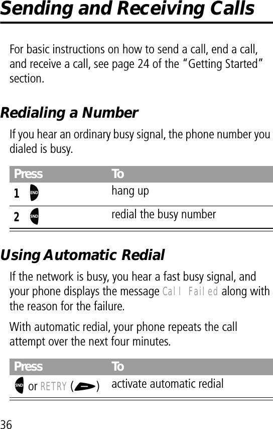 36Sending and Receiving CallsFor basic instructions on how to send a call, end a call, and receive a call, see page 24 of the “Getting Started” section.Redialing a NumberIf you hear an ordinary busy signal, the phone number you dialed is busy.Using Automatic RedialIf the network is busy, you hear a fast busy signal, and your phone displays the message Call Failed along with the reason for the failure.With automatic redial, your phone repeats the call attempt over the next four minutes.Press To1O hang up2N redial the busy numberPress ToN or RETRY (+)activate automatic redial