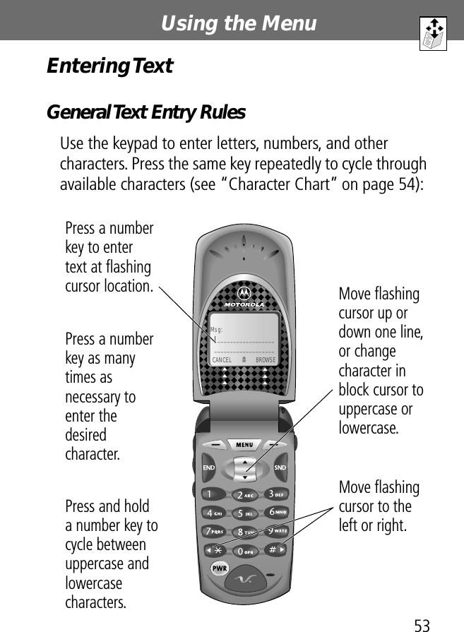 53Using the Menu Entering TextGeneral Text Entry RulesUse the keypad to enter letters, numbers, and other characters. Press the same key repeatedly to cycle through available characters (see “Character Chart” on page 54):Msg:__________________ ___________________ CANCEL    BROWSEMMove ﬂashing cursor to the left or right.Move ﬂashing cursor up or down one line, or change character in block cursor to uppercase or lowercase.Press a number key to entertext at ﬂashing cursor location.Press a number key as many times as necessary to enter thedesiredcharacter.Press and holda number key to cycle between uppercase and lowercase characters.