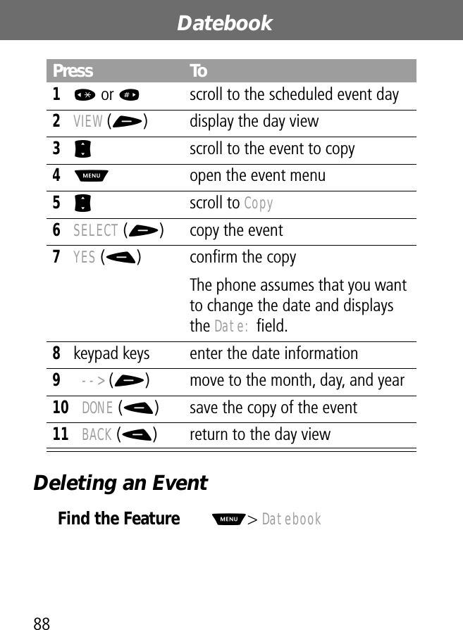 Datebook88Deleting an EventPress To1* or #  scroll to the scheduled event day2VIEW (+) display the day view3S  scroll to the event to copy4M  open the event menu5S scroll to Copy6SELECT (+) copy the event7YES (-) conﬁrm the copyThe phone assumes that you want to change the date and displays the Date: ﬁeld.8keypad keys enter the date information9--&gt; (+) move to the month, day, and year10DONE (-) save the copy of the event11BACK (-) return to the day viewFind the FeatureM&gt; Datebook