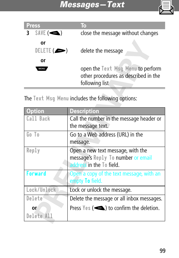 99Messages—Text PRELIMINARYThe Text Msg Menu includes the following options:3SAVE (-)orDELETE (+)orM close the message without changesdelete the messageopen the Text Msg Menu to perform other procedures as described in the following listOption DescriptionCall Back  Call the number in the message header or the message text.Go To  Go to a Web address (URL) in the message.Reply  Open a new text message, with the message’s Reply To number or email address in the To ﬁeld.Forward  Open a copy of the text message, with an empty To ﬁeld.Lock/Unlock  Lock or unlock the message.Delete orDelete All Delete the message or all inbox messages.Press Yes (-) to conﬁrm the deletion.Press To