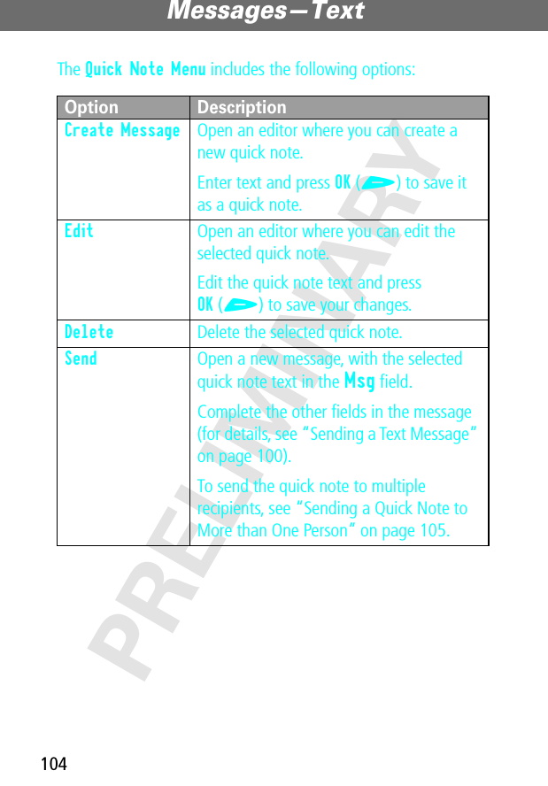 Messages—Text104PRELIMINARYThe Quick Note Menu includes the following options:Option DescriptionCreate Message  Open an editor where you can create a new quick note.Enter text and press OK (+) to save it as a quick note.Edit  Open an editor where you can edit the selected quick note.Edit the quick note text and press OK (+) to save your changes.Delete  Delete the selected quick note.Send  Open a new message, with the selected quick note text in the Msg ﬁeld.Complete the other ﬁelds in the message (for details, see “Sending a Text Message” on page 100).To send the quick note to multiple recipients, see “Sending a Quick Note to More than One Person” on page 105.