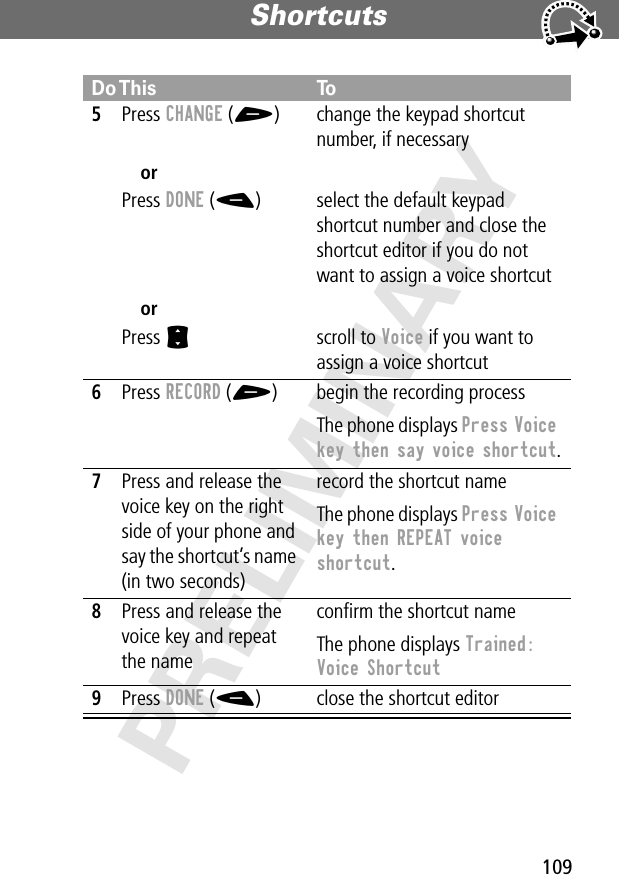 109Shortcuts PRELIMINARY5Press CHANGE (+)orPress DONE (-)orPress Schange the keypad shortcut number, if necessaryselect the default keypad shortcut number and close the shortcut editor if you do not want to assign a voice shortcutscroll to Voice if you want to assign a voice shortcut6Press RECORD (+) begin the recording processThe phone displays Press Voice key then say voice shortcut.7Press and release the voice key on the right side of your phone and say the shortcut’s name (in two seconds)record the shortcut nameThe phone displays Press Voice key then REPEAT voice shortcut.8Press and release the voice key and repeat the nameconﬁrm the shortcut nameThe phone displays Trained: Voice Shortcut9Press DONE (-) close the shortcut editorDo This To