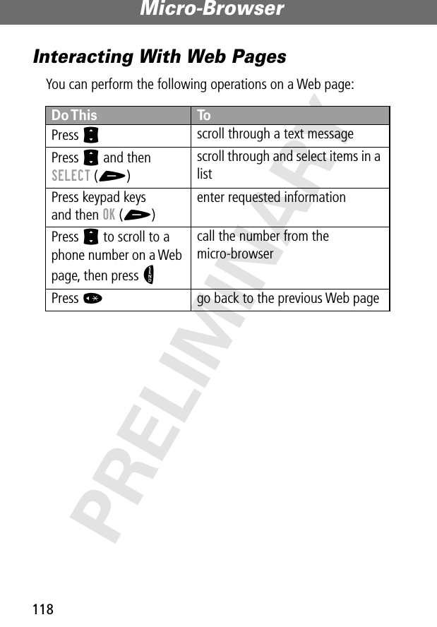 Micro-Browser118PRELIMINARYInteracting With Web PagesYou can perform the following operations on a Web page:Do This ToPress Sscroll through a text messagePress S and then SELECT (+)scroll through and select items in a listPress keypad keysand then OK (+)enter requested informationPress S to scroll to a phone number on a Web page, then press Ncall the number from the micro-browserPress *go back to the previous Web page