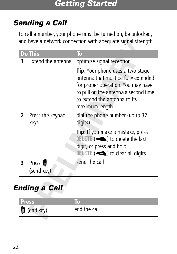 Getting Started22PRELIMINARYSending a CallTo call a number, your phone must be turned on, be unlocked, and have a network connection with adequate signal strength.Ending a CallDo This To1Extend the antenna optimize signal receptionTip: Your phone uses a two-stage antenna that must be fully extended for proper operation. You may have to pull on the antenna a second time to extend the antenna to its maximum length.2Press the keypad keysdial the phone number (up to 32 digits)Tip: If you make a mistake, press DELETE (-) to delete the last digit, or press and hold DELETE (-) to clear all digits.3Press N(send key)send the callPress ToO (end key) end the call