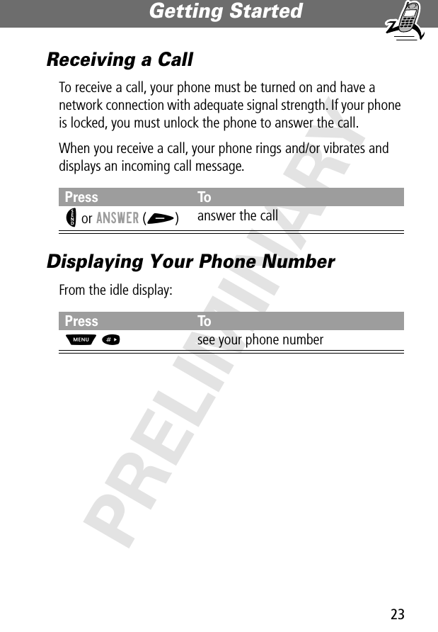 23Getting Started PRELIMINARYReceiving a CallTo receive a call, your phone must be turned on and have a network connection with adequate signal strength. If your phone is locked, you must unlock the phone to answer the call.When you receive a call, your phone rings and/or vibrates and displays an incoming call message.Displaying Your Phone NumberFrom the idle display:Press ToN or ANSWER (+)answer the callPress ToM #see your phone number