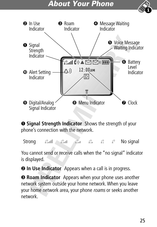 25About Your Phone PRELIMINARY➊ Signal Strength Indicator  Shows the strength of your phone’s connection with the network.You cannot send or receive calls when the “no signal” indicator is displayed.➋ In Use Indicator  Appears when a call is in progress.➌ Roam Indicator  Appears when your phone uses another network system outside your home network. When you leave your home network area, your phone roams or seeks another network.Strong  5 4 3 2 1 j No signal 12:00am➐Clock➏BatteryLevel Indicator➒Digital/AnalogSignal Indicator➋In Use Indicator➌Roam Indicator➍Message Waiting Indicator➎Voice MessageWaiting Indicator➑Menu Indicator➓Alert Setting Indicator➊Signal Strength Indicator