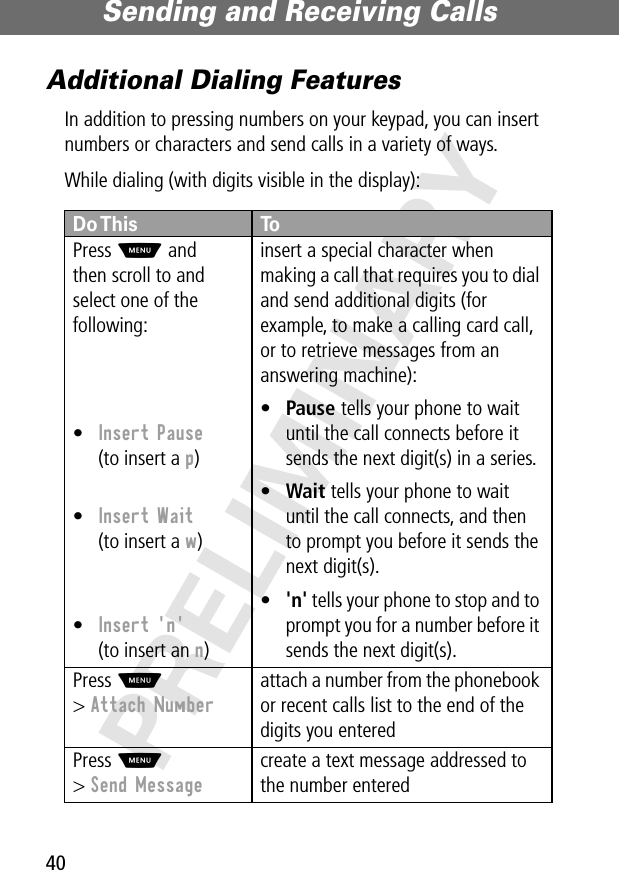 Sending and Receiving Calls40PRELIMINARYAdditional Dialing FeaturesIn addition to pressing numbers on your keypad, you can insert numbers or characters and send calls in a variety of ways.While dialing (with digits visible in the display):Do This ToPress M and then scroll to and select one of the following:•Insert Pause(to insert a p)•Insert Wait(to insert a w)•Insert &apos;n&apos;(to insert an n)insert a special character when making a call that requires you to dial and send additional digits (for example, to make a calling card call, or to retrieve messages from an answering machine):•Pause tells your phone to wait until the call connects before it sends the next digit(s) in a series.•Wait tells your phone to wait until the call connects, and then to prompt you before it sends the next digit(s).•&apos;n&apos; tells your phone to stop and to prompt you for a number before it sends the next digit(s).Press M&gt; Attach Numberattach a number from the phonebook or recent calls list to the end of the digits you enteredPress M&gt; Send Messagecreate a text message addressed to the number entered