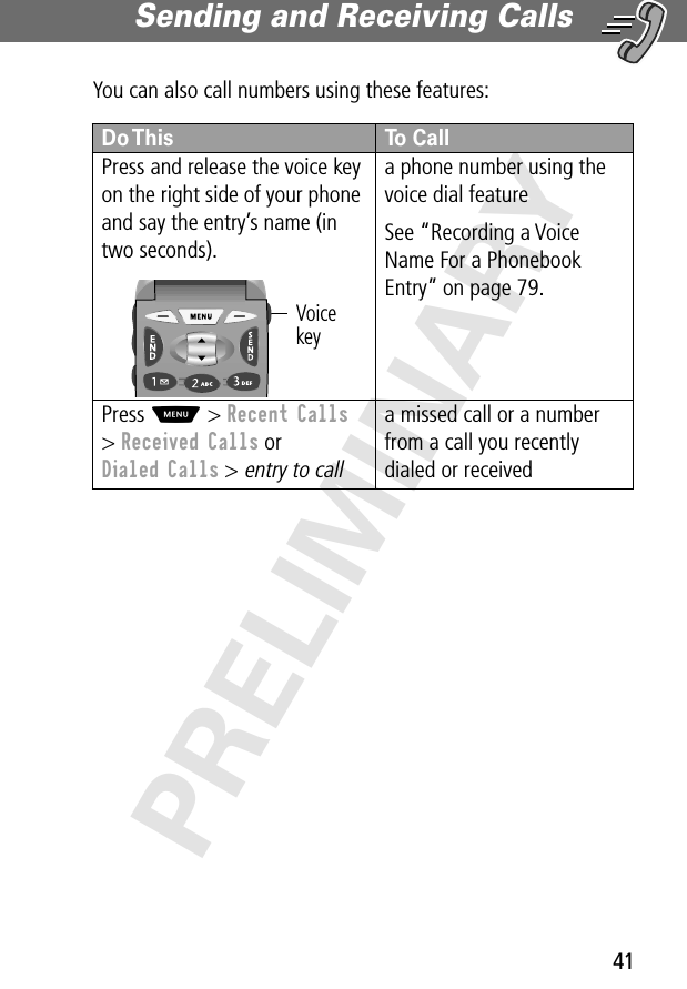 41Sending and Receiving Calls PRELIMINARYYou can also call numbers using these features:Do This To CallPress and release the voice key on the right side of your phone and say the entry’s name (in two seconds).a phone number using the voice dial featureSee “Recording a Voice Name For a Phonebook Entry” on page 79.Press M &gt; Recent Calls&gt; Received Calls or Dialed Calls &gt; entry to calla missed call or a number from a call you recently dialed or received Voice key