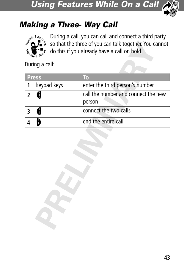 43Using Features While On a Call PRELIMINARYMaking a Three- Way CallDuring a call, you can call and connect a third party so that the three of you can talk together. You cannot do this if you already have a call on hold.During a call:Press To1keypad keys enter the third person’s number2N call the number and connect the new person3N connect the two calls4O end the entire call