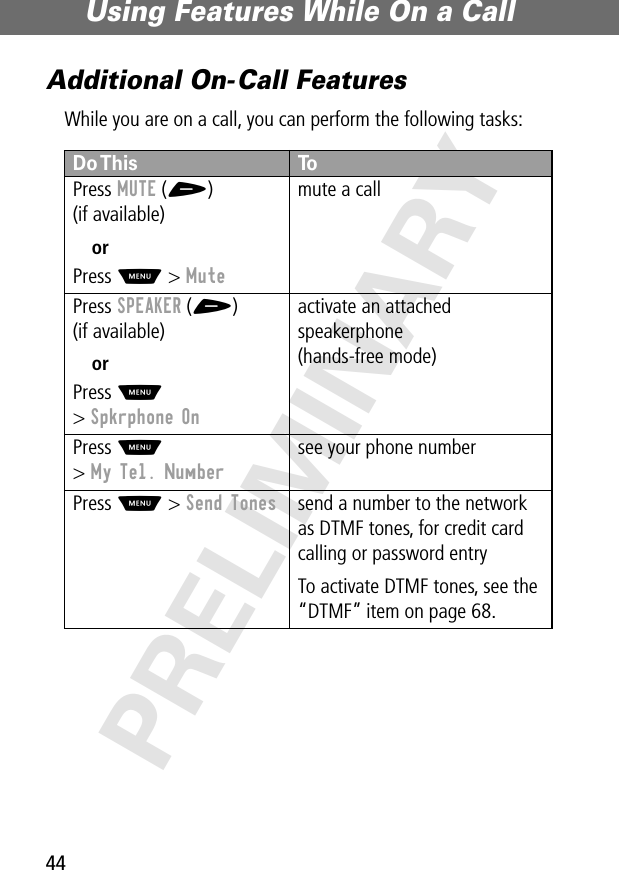 Using Features While On a Call44PRELIMINARYAdditional On- Call FeaturesWhile you are on a call, you can perform the following tasks:Do This ToPress MUTE (+)(if available)orPress M &gt; Mutemute a callPress SPEAKER (+)(if available)orPress M&gt; Spkrphone Onactivate an attached speakerphone(hands-free mode)Press M&gt; My Tel. Numbersee your phone numberPress M &gt; Send Tones send a number to the network as DTMF tones, for credit card calling or password entryTo activate DTMF tones, see the “DTMF” item on page 68.