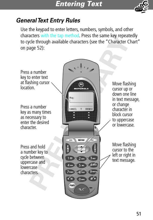 51Entering Text PRELIMINARYGeneral Text Entry RulesUse the keypad to enter letters, numbers, symbols, and other characters with the tap method. Press the same key repeatedly to cycle through available characters (see the “Character Chart” on page 52):Msg:CANCEL    BROWSEMove ﬂashingcursor to theleft or right intext message.Move ﬂashingcursor up ordown one linein text message,or changecharacter inblock cursorto uppercaseor lowercase.Press a numberkey to enter textat ﬂashing cursorlocation.Press a numberkey as many timesas necessary toenter the desiredcharacter.Press and holda number key tocycle betweenuppercase andlowercasecharacters.
