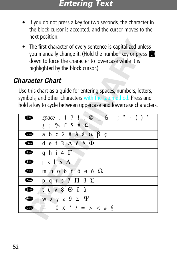 Entering Text52PRELIMINARY• If you do not press a key for two seconds, the character in the block cursor is accepted, and the cursor moves to the next position.• The ﬁrst character of every sentence is capitalized unless you manually change it. (Hold the number key or press S down to force the character to lowercase while it is highlighted by the block cursor.)Character ChartUse this chart as a guide for entering spaces, numbers, letters, symbols, and other characters with the tap method. Press and hold a key to cycle between uppercase and lowercase characters.1 space . 1 ? ! , @ _ &amp; : ; &quot; - ( ) &apos;¿ ¡ % £ $ ¥ 2 a b c 2 ä å à α β ç3 d e f 3 ∆ é è Φ4 g h i 4 Γ5 j k l 5 Λ6 m n o 6 ñ ö ø ò Ω7 p q r s 7 Π ß ∑8 t u v 8 Θ ü ù9 w x y z 9 Ξ  Ψ0  + - 0 x * / = &gt; &lt; # §