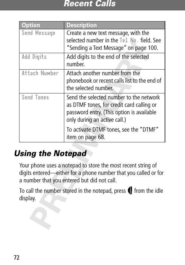 Recent Calls72PRELIMINARYUsing the NotepadYour phone uses a notepad to store the most recent string of digits entered—either for a phone number that you called or for a number that you entered but did not call.To call the number stored in the notepad, press N from the idle display.Send Message  Create a new text message, with the selected number in the Tel No. ﬁeld. See “Sending a Text Message” on page 100.Add Digits  Add digits to the end of the selected number.Attach Number  Attach another number from the phonebook or recent calls list to the end of the selected number.Send Tones  Send the selected number to the network as DTMF tones, for credit card calling or password entry. (This option is available only during an active call.)To activate DTMF tones, see the “DTMF” item on page 68.Option Description