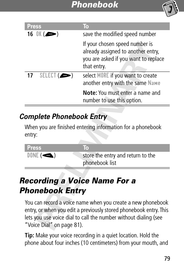 79Phonebook PRELIMINARYComplete Phonebook EntryWhen you are ﬁnished entering information for a phonebook entry:Recording a Voice Name For a Phonebook EntryYou can record a voice name when you create a new phonebook entry, or when you edit a previously stored phonebook entry. This lets you use voice dial to call the number without dialing (see “Voice Dial” on page 81).Tip: Make your voice recording in a quiet location. Hold the phone about four inches (10 centimeters) from your mouth, and 16OK (+) save the modiﬁed speed numberIf your chosen speed number is already assigned to another entry, you are asked if you want to replace that entry.17SELECT (+) select MORE if you want to create another entry with the same NameNote: You must enter a name and number to use this option.Press ToDONE (-) store the entry and return to the phonebook listPress To