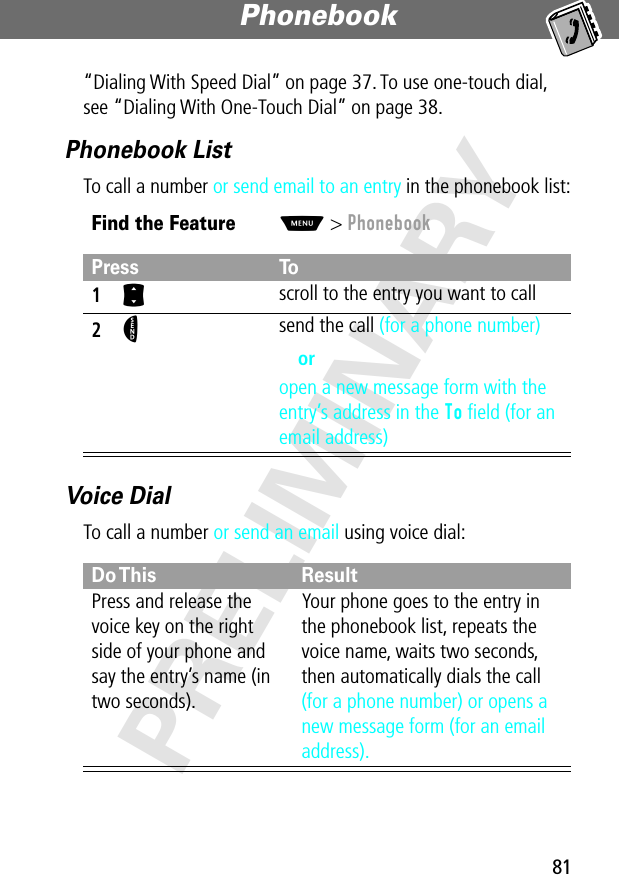 81Phonebook PRELIMINARY“Dialing With Speed Dial” on page 37. To use one-touch dial, see “Dialing With One-Touch Dial” on page 38.Phonebook ListTo call a number or send email to an entry in the phonebook list:Voice DialTo call a number or send an email using voice dial:Find the FeatureM&gt; PhonebookPress To1S scroll to the entry you want to call2N send the call (for a phone number)oropen a new message form with the entry’s address in the To ﬁeld (for an email address)Do This ResultPress and release the voice key on the right side of your phone and say the entry’s name (in two seconds).Your phone goes to the entry in the phonebook list, repeats the voice name, waits two seconds, then automatically dials the call (for a phone number) or opens a new message form (for an email address).