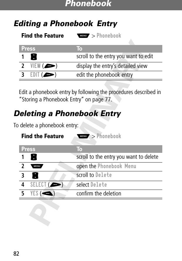 Phonebook82PRELIMINARYEditing a Phonebook  EntryEdit a phonebook entry by following the procedures described in “Storing a Phonebook Entry” on page 77.Deleting a Phonebook EntryTo delete a phonebook entry:Find the FeatureM&gt; PhonebookPress To1S scroll to the entry you want to edit2VIEW (+) display the entry’s detailed view3EDIT (+)  edit the phonebook entryFind the FeatureM&gt; PhonebookPress To1S scroll to the entry you want to delete2M open the Phonebook Menu3 S scroll to Delete4SELECT (+) select Delete5YES (-) conﬁrm the deletion