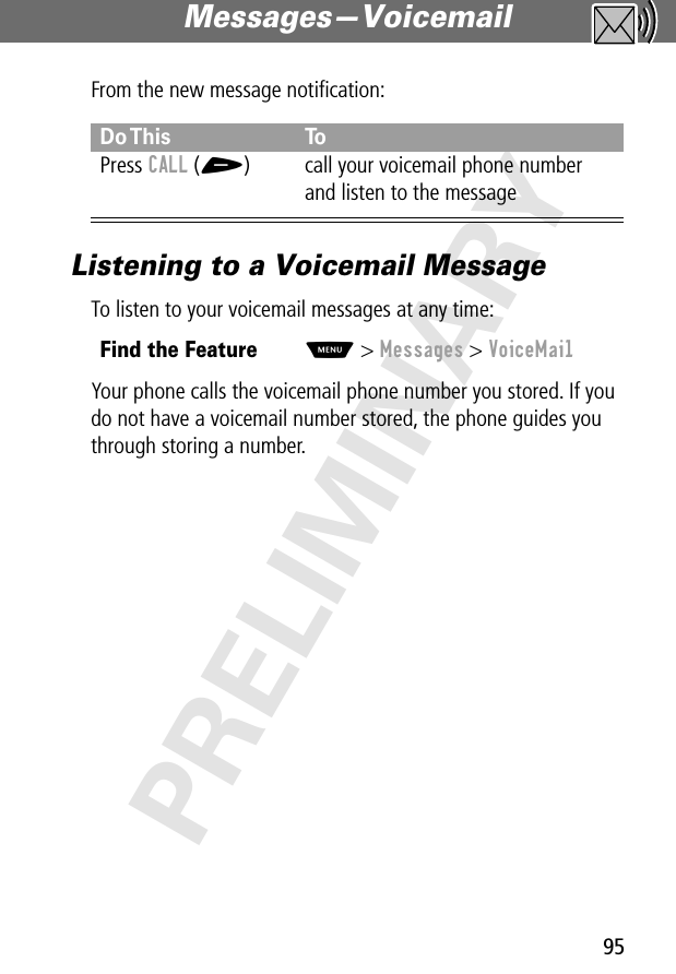 95Messages—Voicemail PRELIMINARYFrom the new message notiﬁcation:Listening to a Voicemail MessageTo listen to your voicemail messages at any time:Your phone calls the voicemail phone number you stored. If you do not have a voicemail number stored, the phone guides you through storing a number.Do This ToPress CALL (+) call your voicemail phone number and listen to the messageFind the FeatureM&gt; Messages &gt; VoiceMail