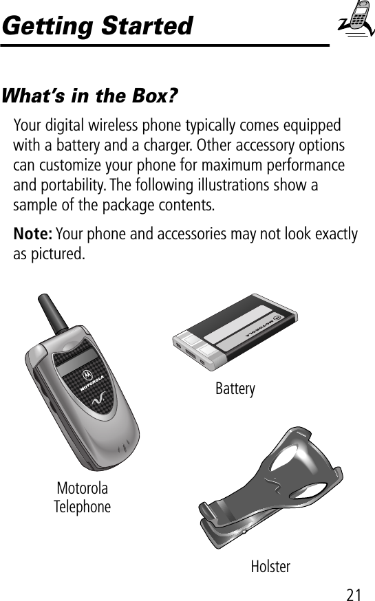 21Getting StartedWhat’s in the Box?Your digital wireless phone typically comes equipped with a battery and a charger. Other accessory options can customize your phone for maximum performance and portability. The following illustrations show a sample of the package contents.Note: Your phone and accessories may not look exactly as pictured.Motorola TelephoneBatteryHolster