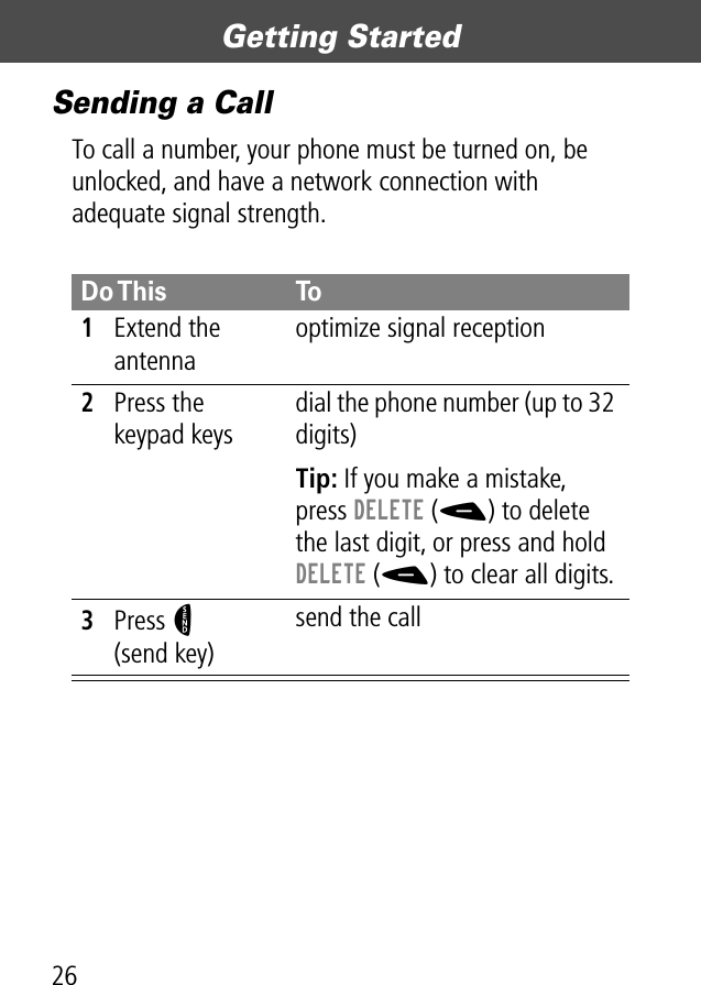 Getting Started26Sending a CallTo call a number, your phone must be turned on, be unlocked, and have a network connection with adequate signal strength.Do This To1Extend the antennaoptimize signal reception2Press the keypad keysdial the phone number (up to 32 digits)Tip: If you make a mistake, press DELETE (-) to delete the last digit, or press and hold DELETE (-) to clear all digits.3Press N(send key)send the call