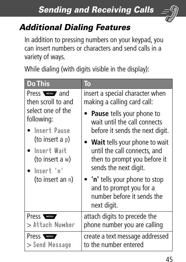 45Sending and Receiving Calls Additional Dialing FeaturesIn addition to pressing numbers on your keypad, you can insert numbers or characters and send calls in a variety of ways.While dialing (with digits visible in the display):Do This ToPress  M and then scroll to and select one of the following:•Insert Pause(to insert a p)•Insert Wait(to insert a w)•Insert &apos;n&apos;(to insert an n)insert a special character when making a calling card call:• Pause tells your phone to wait until the call connects before it sends the next digit.• Wait tells your phone to wait until the call connects, and then to prompt you before it sends the next digit.• &apos;n&apos; tells your phone to stop and to prompt you for a number before it sends the next digit.Press M&gt; Attach Numberattach digits to precede the phone number you are callingPress M&gt; Send Messagecreate a text message addressed to the number entered