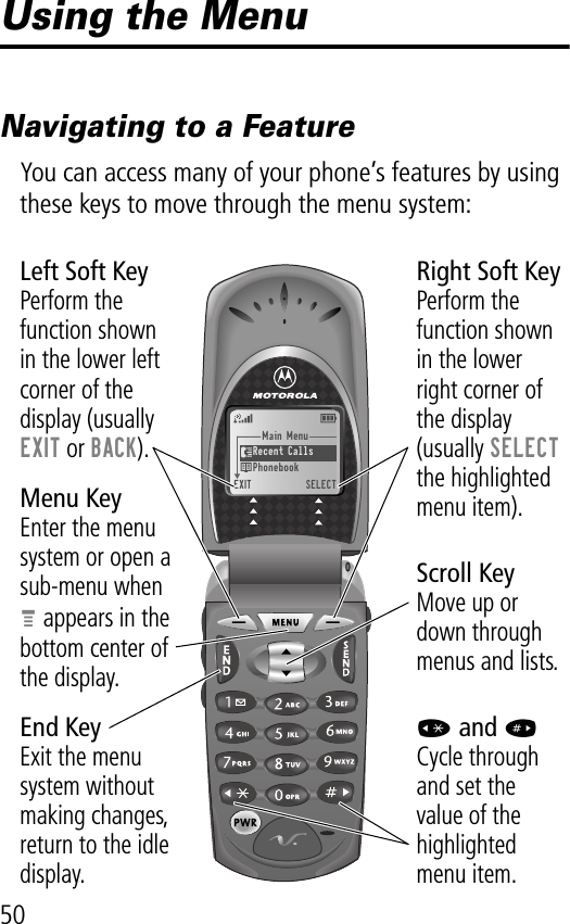 50Using the MenuNavigating to a FeatureYou can access many of your phone’s features by using these keys to move through the menu system:Main Menu)Recent Calls)Phonebook)EXIT)SELECTMenu KeyEnter the menu system or open a sub-menu when M appears in the bottom center of the display.Right Soft KeyPerform the function shown in the lowerright corner of the display (usually SELECT the highlighted menu item).Left Soft KeyPerform the function shown in the lower left corner of the display (usually EXIT or BACK).Scroll KeyMove up or down through menus and lists.* and #Cycle through and set thevalue of the highlighted menu item.End KeyExit the menu system without making changes, return to the idle display.