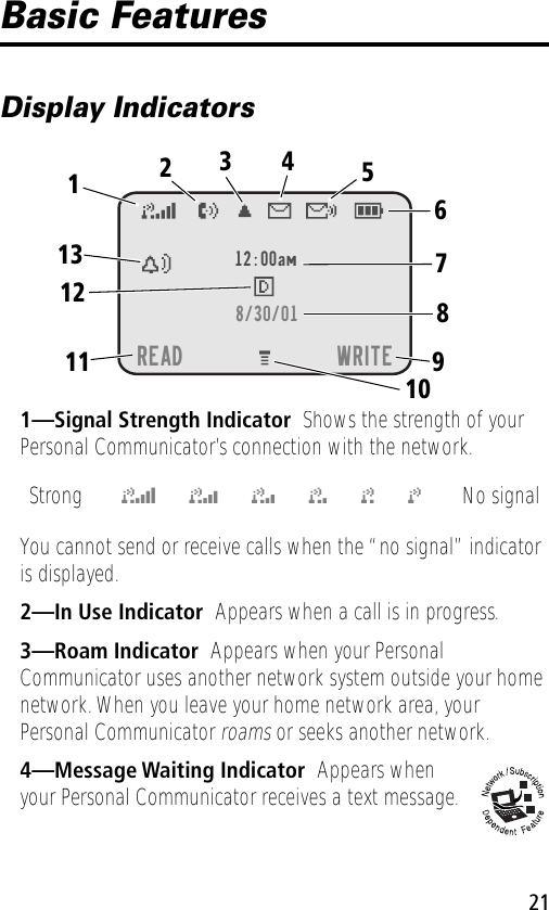 21Basic FeaturesDisplay Indicators1—Signal Strength Indicator  Shows the strength of your Personal Communicator’s connection with the network.You cannot send or receive calls when the “no signal” indicator is displayed.2—In Use Indicator  Appears when a call is in progress.3—Roam Indicator  Appears when your Personal Communicator uses another network system outside your home network. When you leave your home network area, your Personal Communicator roams or seeks another network.4—Message Waiting Indicator  Appears when your Personal Communicator receives a text message.Strong  5 4 3 2 1 j No signal12:00am1234 5678910111213READ WRITE8/30/01