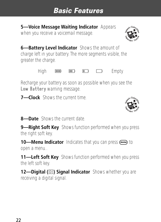 Basic Features225—Voice Message Waiting Indicator  Appears when you receive a voicemail message.6—Battery Level Indicator  Shows the amount of charge left in your battery. The more segments visible, the greater the charge.Recharge your battery as soon as possible when you see the Low Battery warning message.7—Clock  Shows the current time.8—Date  Shows the current date.9—Right Soft Key  Shows function performed when you press the right soft key.10—Menu Indicator  Indicates that you can press M to open a menu..11—Left Soft Key  Shows function performed when you press the left soft key.12—Digital (F) Signal Indicator  Shows whether you are receiving a digital signal.High  E D C B Empty