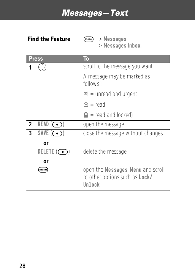 Messages—Text28Find the FeatureM&gt; Messages &gt; Messages InboxPress To1O scroll to the message you wantA message may be marked as follows:d = unread and urgentn = readf = read and locked)2READ ([) open the message3SAVE ([)orDELETE ([)orMclose the message without changesdelete the messageopen the Messages Menu and scroll to other options such as Lock/Unlock