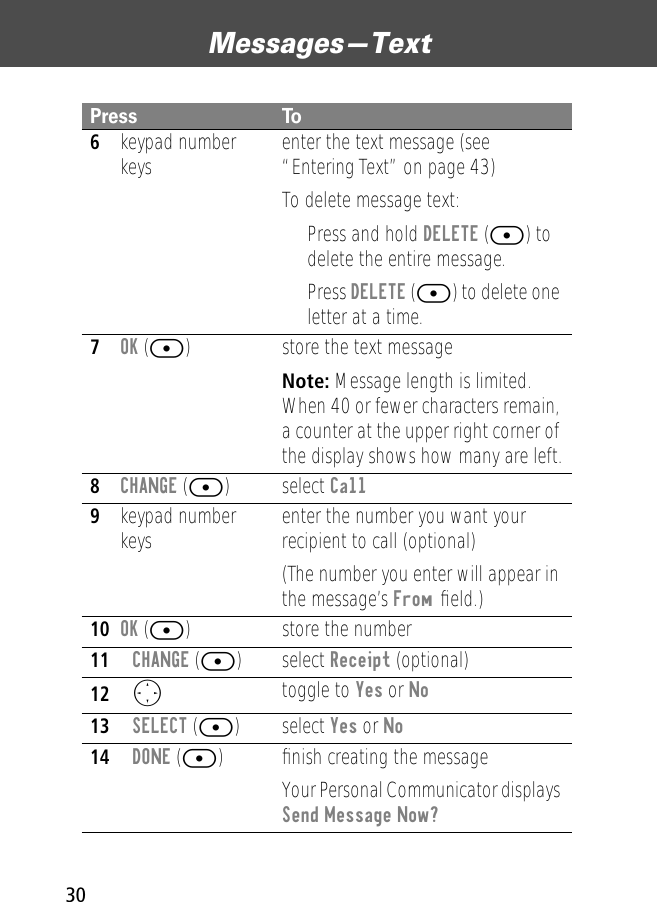 Messages—Text306keypad number keys enter the text message (see “Entering Text” on page 43)To delete message text:• Press and hold DELETE ([) to delete the entire message.• Press DELETE ([) to delete one letter at a time.7OK ([) store the text messageNote: Message length is limited. When 40 or fewer characters remain, a counter at the upper right corner of the display shows how many are left.8CHANGE ([) select Call9keypad number keys enter the number you want your recipient to call (optional)(The number you enter will appear in the message’s From ﬁeld.)10OK ([) store the number11CHANGE ([) select Receipt (optional)12O toggle to Yes or No13SELECT ([) select Yes or No14DONE ([) ﬁnish creating the messageYour Personal Communicator displays Send Message Now?Press To