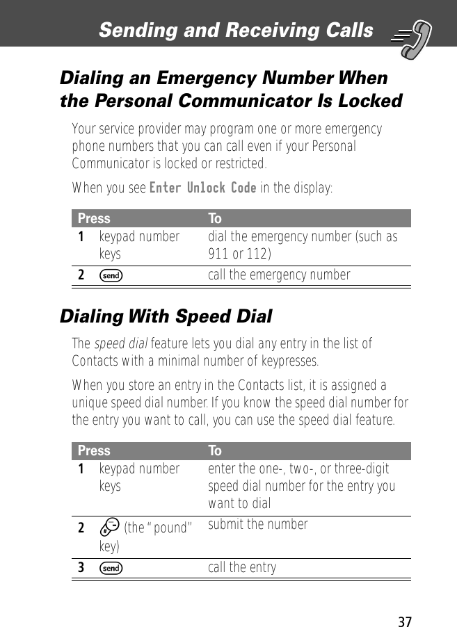 37Sending and Receiving Calls Dialing an Emergency Number When the Personal Communicator Is LockedYour service provider may program one or more emergency phone numbers that you can call even if your Personal Communicator is locked or restricted.When you see Enter Unlock Code in the display:Dialing With Speed DialThe speed dial feature lets you dial any entry in the list of Contacts with a minimal number of keypresses.When you store an entry in the Contacts list, it is assigned a unique speed dial number. If you know the speed dial number for the entry you want to call, you can use the speed dial feature.Press To1keypad number keys dial the emergency number (such as 911 or 112)2S  call the emergency numberPress To1keypad number keys enter the one-, two-, or three-digit speed dial number for the entry you want to dial2# (the “pound” key) submit the number3Scall the entry