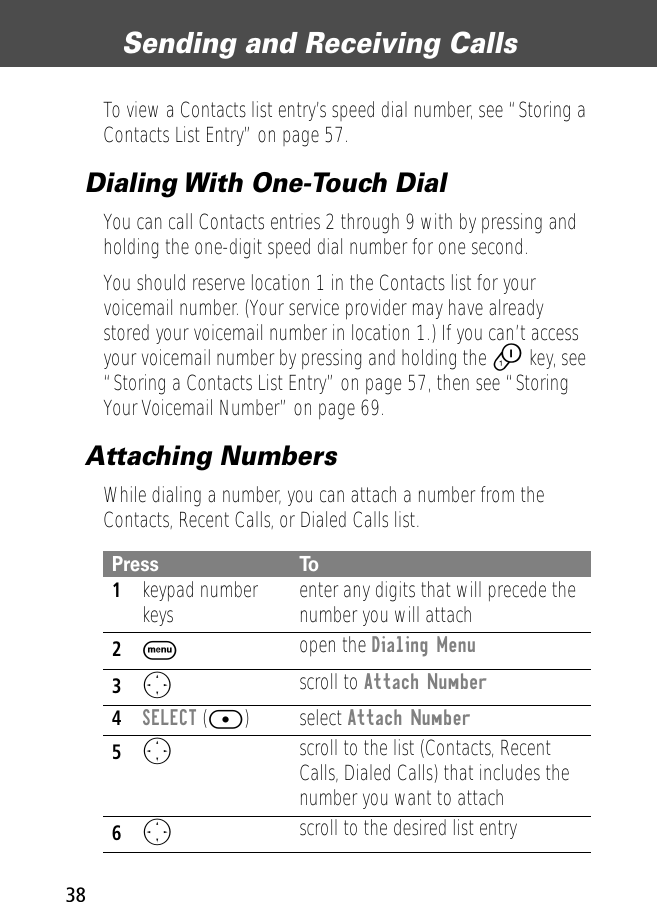 Sending and Receiving Calls38To view a Contacts list entry’s speed dial number, see “Storing a Contacts List Entry” on page 57.Dialing With One-Touch DialYou can call Contacts entries 2 through 9 with by pressing and holding the one-digit speed dial number for one second.You should reserve location 1 in the Contacts list for your voicemail number. (Your service provider may have already stored your voicemail number in location 1.) If you can’t access your voicemail number by pressing and holding the 1 key, see “Storing a Contacts List Entry” on page 57, then see “Storing Your Voicemail Number” on page 69.Attaching NumbersWhile dialing a number, you can attach a number from the Contacts, Recent Calls, or Dialed Calls list.Press To1keypad number keys enter any digits that will precede the number you will attach2Mopen the Dialing Menu3Oscroll to Attach Number4SELECT ([) select Attach Number5Oscroll to the list (Contacts, Recent Calls, Dialed Calls) that includes the number you want to attach6Oscroll to the desired list entry