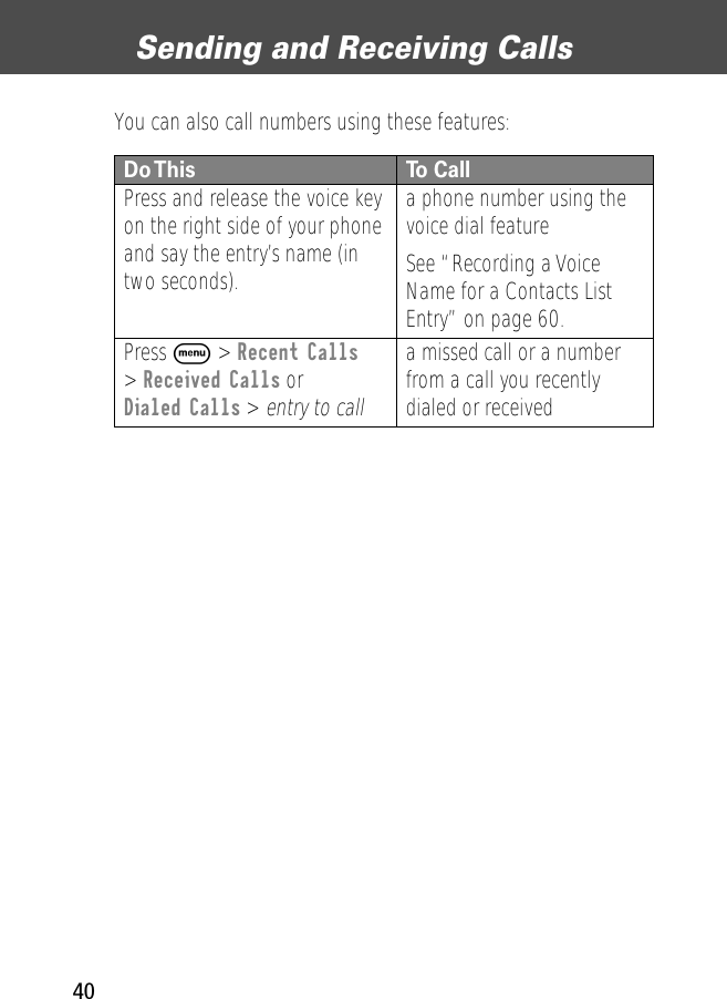 Sending and Receiving Calls40You can also call numbers using these features:Do This To CallPress and release the voice key on the right side of your phone and say the entry’s name (in two seconds).a phone number using the voice dial featureSee “Recording a Voice Name for a Contacts List Entry” on page 60.Press M &gt; Recent Calls&gt; Received Calls or Dialed Calls &gt; entry to calla missed call or a number from a call you recently dialed or received 