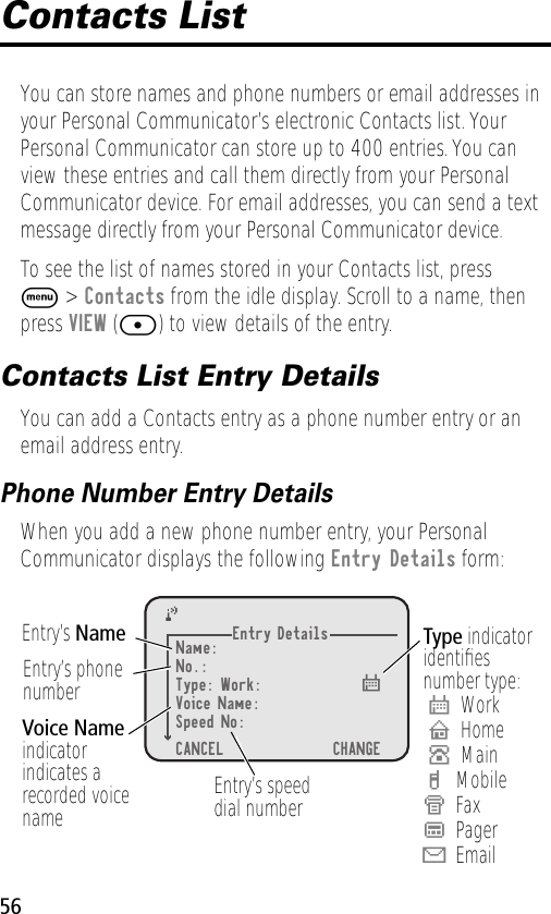 56Contacts ListYou can store names and phone numbers or email addresses in your Personal Communicator’s electronic Contacts list. Your Personal Communicator can store up to 400 entries. You can view these entries and call them directly from your Personal Communicator device. For email addresses, you can send a text message directly from your Personal Communicator device.To see the list of names stored in your Contacts list, press M &gt; Contacts from the idle display. Scroll to a name, then press VIEW ([) to view details of the entry.Contacts List Entry DetailsYou can add a Contacts entry as a phone number entry or an email address entry.Phone Number Entry DetailsWhen you add a new phone number entry, your Personal Communicator displays the following Entry Details form:Entry DetailsName:No.:Type: Work:Voice Name:Speed No:CANCEL))     CHANGE$Type indicatoridentiﬁesnumber type:$WorkUHomeSMainhMobileZFaxpPagerXEmailEntry’s NameEntry’s phonenumberEntry’s speeddial numberVoice Name indicatorindicates a recorded voice name