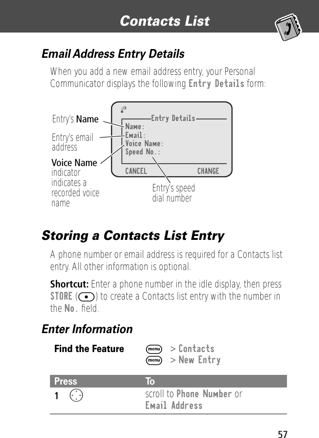 57Contacts List Email Address Entry DetailsWhen you add a new email address entry, your Personal Communicator displays the following Entry Details form:Storing a Contacts List EntryA phone number or email address is required for a Contacts list entry. All other information is optional.Shortcut: Enter a phone number in the idle display, then press STORE ([) to create a Contacts list entry with the number in the No. ﬁeld. Enter InformationFind the FeatureM&gt; ContactsM&gt; New EntryPress To1O scroll to Phone Number or Email AddressEntry DetailsName:Email:Voice Name:Speed No.:CANCEL))     CHANGEEntry’s NameEntry’s emailaddressVoice Name indicatorindicates a recorded voice name Entry’s speeddial number