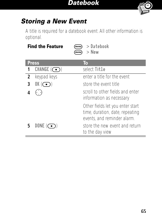 65Datebook Storing a New EventA title is required for a datebook event. All other information is optional.Find the FeatureM&gt; Datebook M&gt; NewPress To1CHANGE ([) select Title2keypad keys enter a title for the event3OK ([) store the event title4Oscroll to other ﬁelds and enter information as necessaryOther ﬁelds let you enter start time, duration, date, repeating events, and reminder alarm.5DONE ([) store the new event and return to the day view