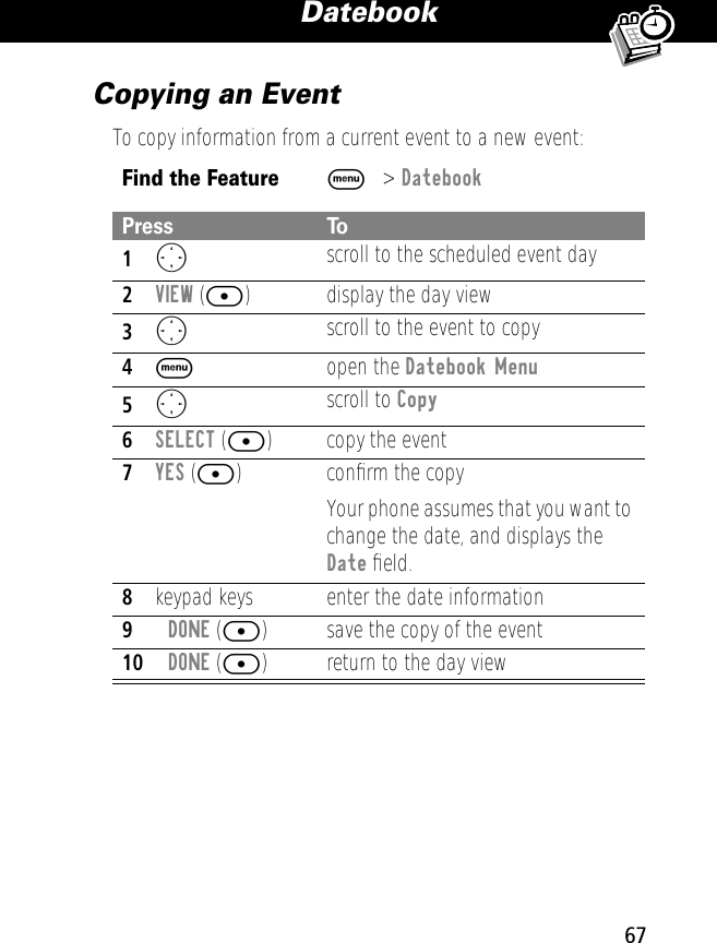 67Datebook Copying an EventTo copy information from a current event to a new event:Find the FeatureM&gt; DatebookPress To1Oscroll to the scheduled event day2VIEW ([) display the day view3Oscroll to the event to copy4M open the Datebook Menu5O scroll to Copy6SELECT ([) copy the event7YES ([) conﬁrm the copyYour phone assumes that you want to change the date, and displays the Date ﬁeld.8keypad keys enter the date information9DONE ([) save the copy of the event10DONE ([) return to the day view