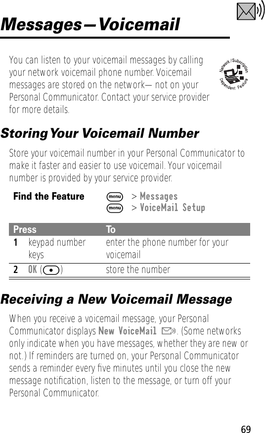 69Messages—VoicemailYou can listen to your voicemail messages by calling your network voicemail phone number. Voicemail messages are stored on the network—not on your Personal Communicator. Contact your service provider for more details.Storing Your Voicemail  NumberStore your voicemail number in your Personal Communicator to make it faster and easier to use voicemail. Your voicemail number is provided by your service provider.Receiving a New Voicemail MessageWhen you receive a voicemail message, your Personal Communicator displays New VoiceMail &amp;. (Some networks only indicate when you have messages, whether they are new or not.) If reminders are turned on, your Personal Communicator sends a reminder every ﬁve minutes until you close the new message notiﬁcation, listen to the message, or turn off your Personal Communicator. Find the FeatureM&gt; MessagesM&gt; VoiceMail SetupPress To1keypad number keys enter the phone number for your voicemail2OK ([) store the number