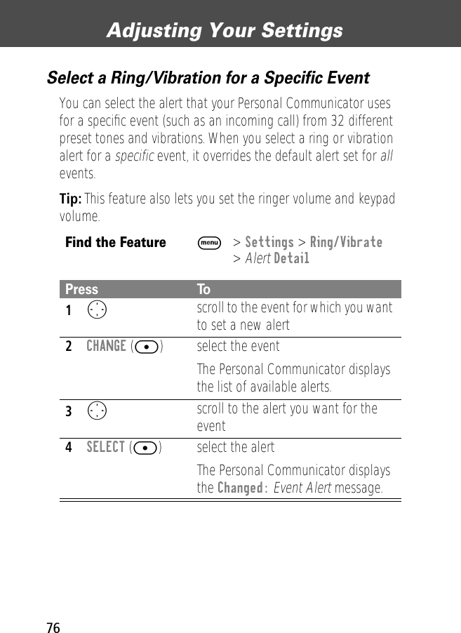 Adjusting Your Settings76Select a Ring/Vibration for a Speciﬁc EventYou can select the alert that your Personal Communicator uses for a speciﬁc event (such as an incoming call) from 32 different preset tones and vibrations. When you select a ring or vibration alert for a specific event, it overrides the default alert set for all events.Tip: This feature also lets you set the ringer volume and keypad volume.Find the FeatureM&gt; Settings &gt; Ring/Vibrate&gt; Alert DetailPress To1O scroll to the event for which you want to set a new alert2CHANGE ([) select the eventThe Personal Communicator displays the list of available alerts.3O scroll to the alert you want for the event4SELECT ([) select the alertThe Personal Communicator displays the Changed: Event Alert message.
