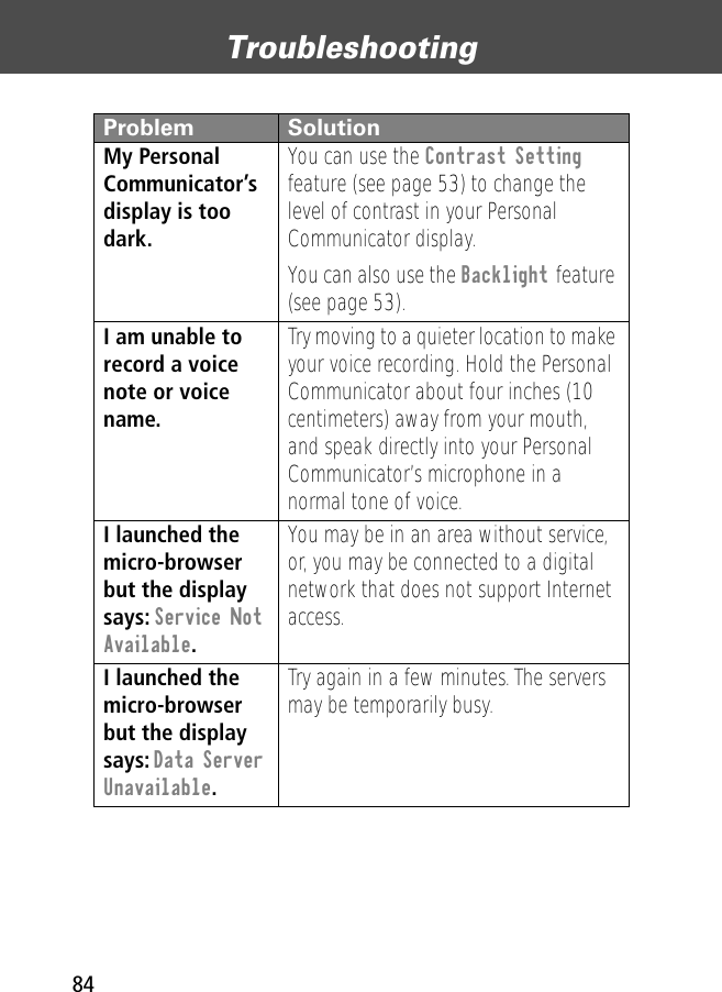 Troubleshooting84My Personal Communicator’s display is too dark. You can use the Contrast Setting feature (see page 53) to change the level of contrast in your Personal Communicator display.You can also use the Backlight feature (see page 53). I am unable to record a voice note or voice name. Try moving to a quieter location to make your voice recording. Hold the Personal Communicator about four inches (10 centimeters) away from your mouth, and speak directly into your Personal Communicator’s microphone in a normal tone of voice.I launched the micro-browser but the display says: Service Not Available. You may be in an area without service, or, you may be connected to a digital network that does not support Internet access.I launched the micro-browser but the display says: Data Server Unavailable. Try again in a few minutes. The servers may be temporarily busy.Problem Solution