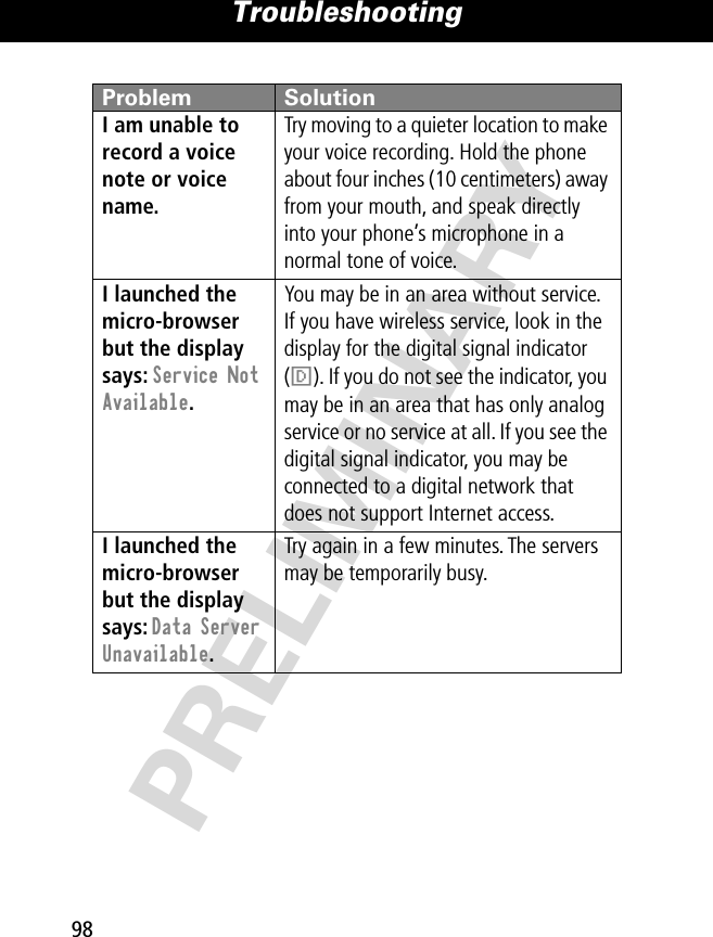 Troubleshooting98PRELIMINARYI am unable to record a voice note or voice name. Try moving to a quieter location to make your voice recording. Hold the phone about four inches (10 centimeters) away from your mouth, and speak directly into your phone’s microphone in a normal tone of voice.I launched the micro-browser but the display says: Service Not Available. You may be in an area without service. If you have wireless service, look in the display for the digital signal indicator (F). If you do not see the indicator, you may be in an area that has only analog service or no service at all. If you see the digital signal indicator, you may be connected to a digital network that does not support Internet access.I launched the micro-browser but the display says: Data Server Unavailable. Try again in a few minutes. The servers may be temporarily busy.Problem Solution