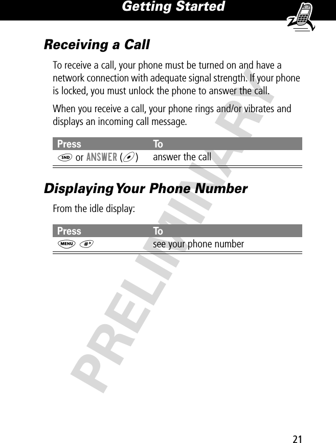 21Getting Started PRELIMINARYReceiving a CallTo receive a call, your phone must be turned on and have a network connection with adequate signal strength. If your phone is locked, you must unlock the phone to answer the call.When you receive a call, your phone rings and/or vibrates and displays an incoming call message.Displaying Your Phone NumberFrom the idle display:Press ToN or ANSWER (+)answer the callPress ToM #see your phone number